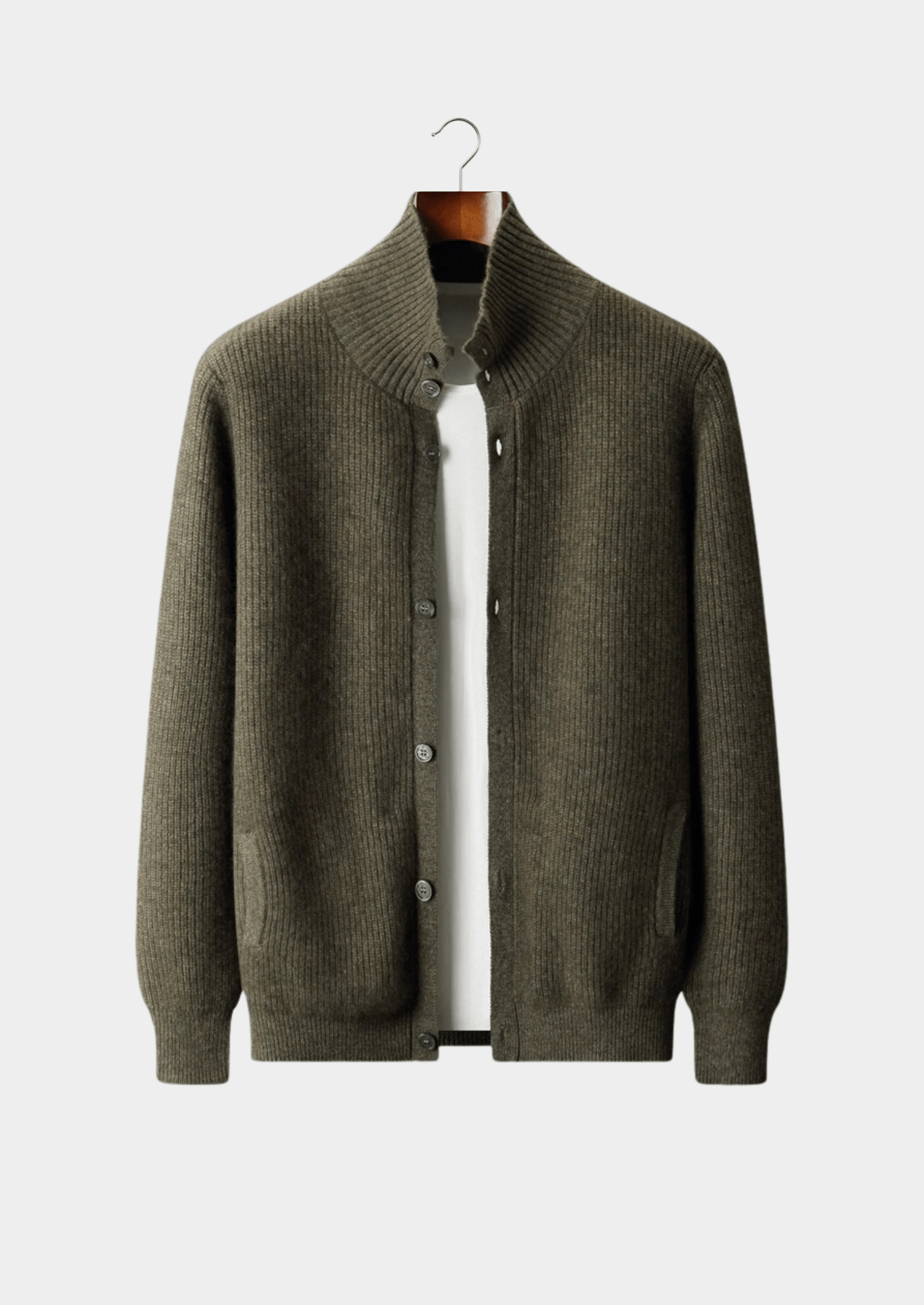 100% CASHMERE RIBBED HIGH COLLAR CARDIGAN - LORMIER -