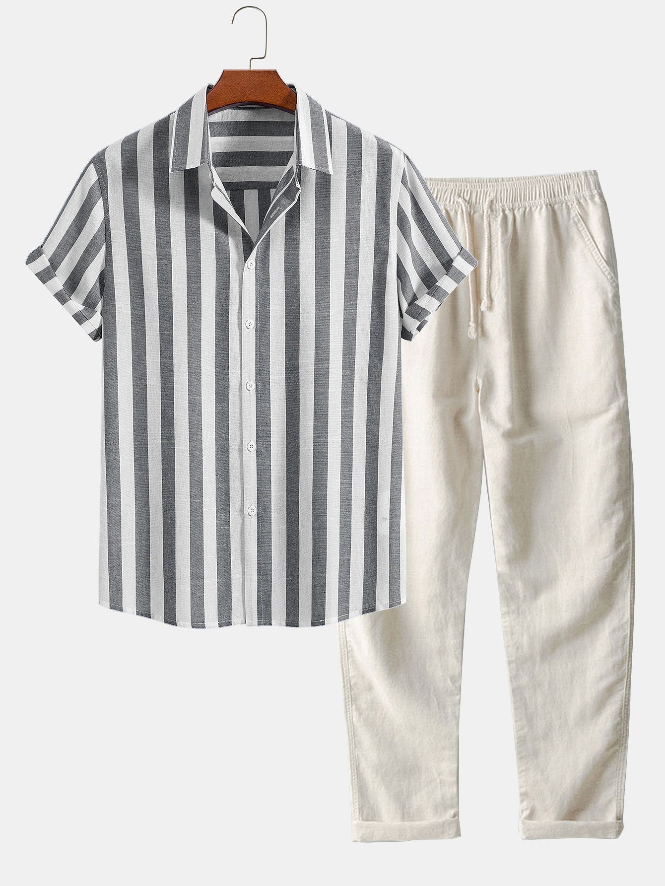 Classic gray short-sleeved linen-blend set featuring a breathable knit and relaxed summer fit.