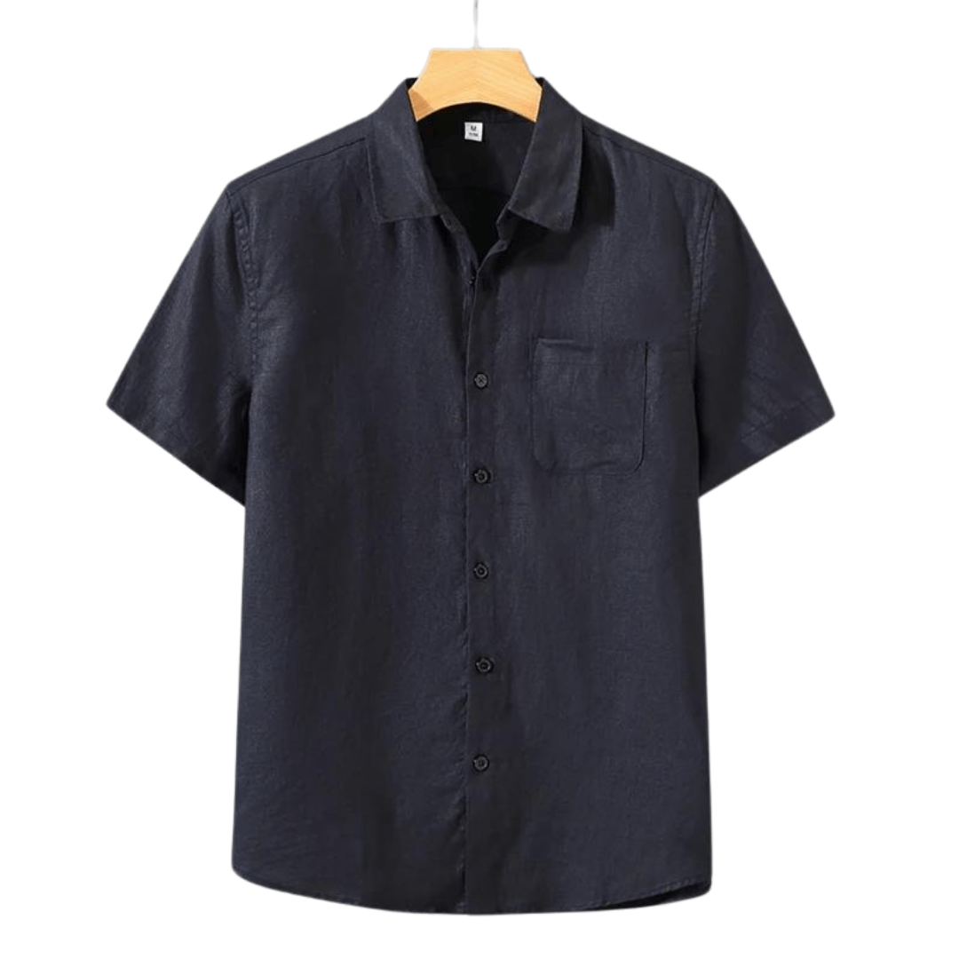 Sophisticated Men's black short sleeve linen shirt with a structured profile, perfect for summer evening wear.