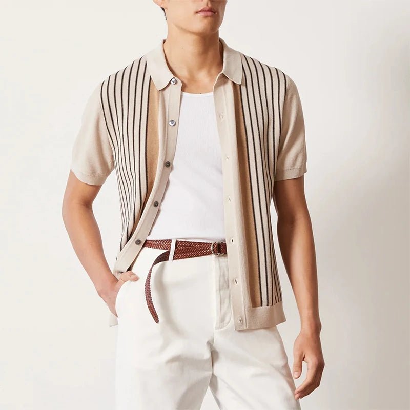 Men's sand-colored short-sleeve knit polo cardigan featuring a full-button front placket, a traditional spread collar, and a smooth, tailored fit.