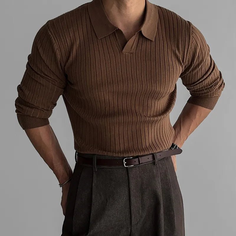 Sophisticated coffee brown ribbed knit polo for men, featuring a tailored long sleeve fit and a premium textured finish.
