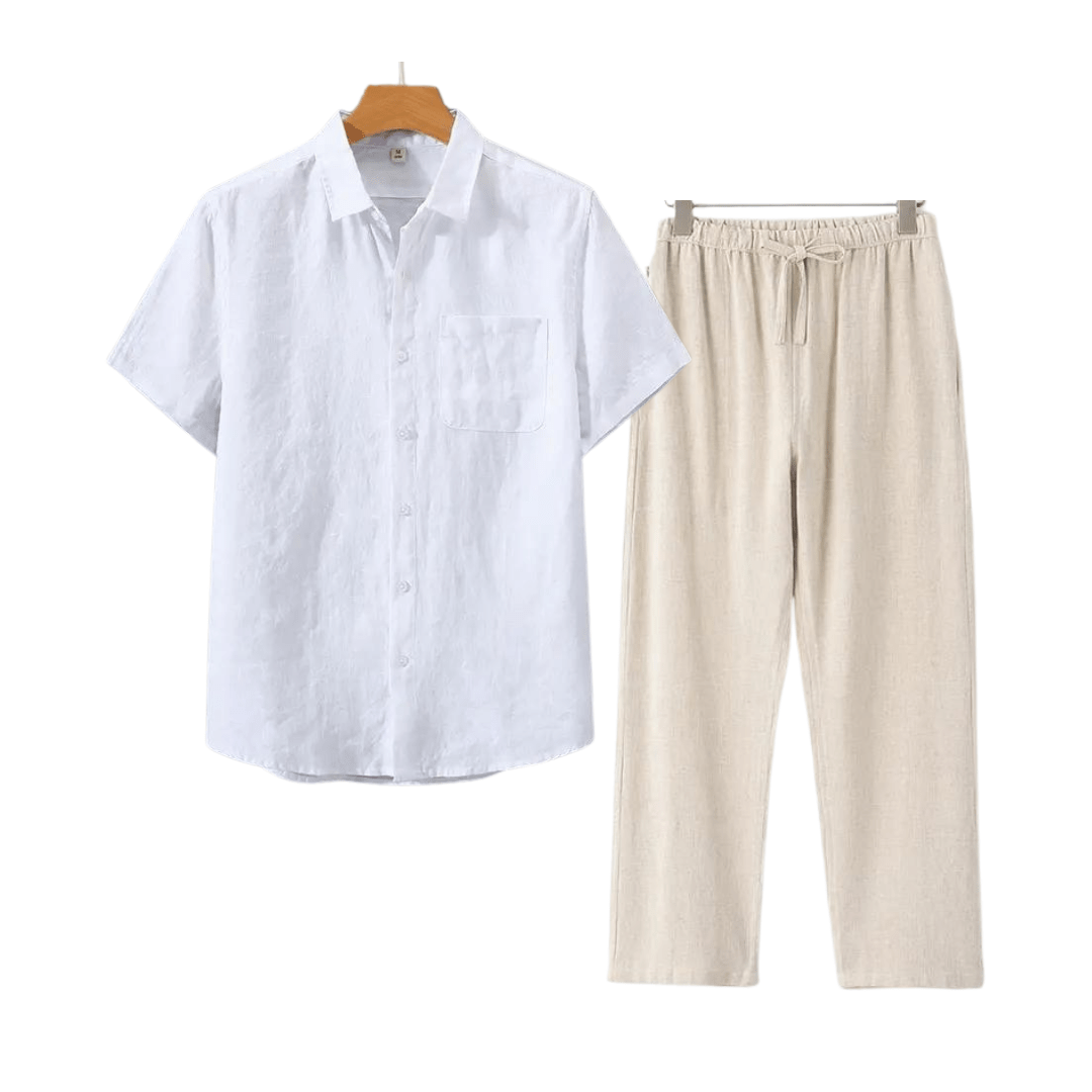 Classic white short-sleeved linen shirt and beige pant set, showcasing a high-waist drawstring fit and comfortable organic texture.