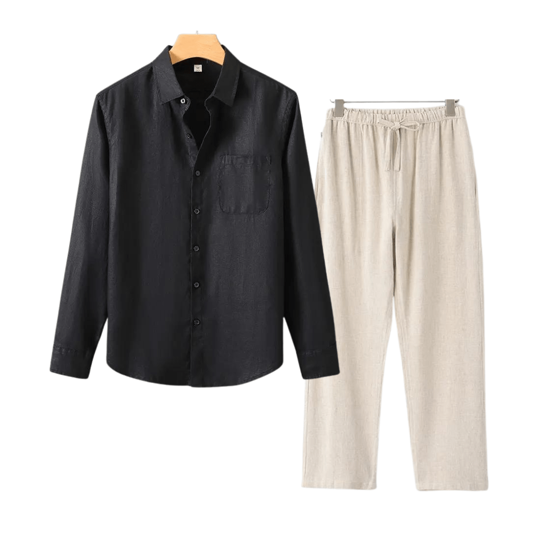Men's 100% linen set featuring a black long sleeve shirt and beige straight-leg trousers, designed for a comfortable, cool, and tailored Italian look.