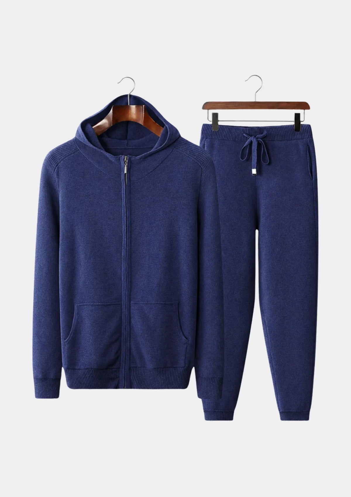 Classic blue pure cashmere lounge set for men with a zipped hoodie and cuffed joggers.