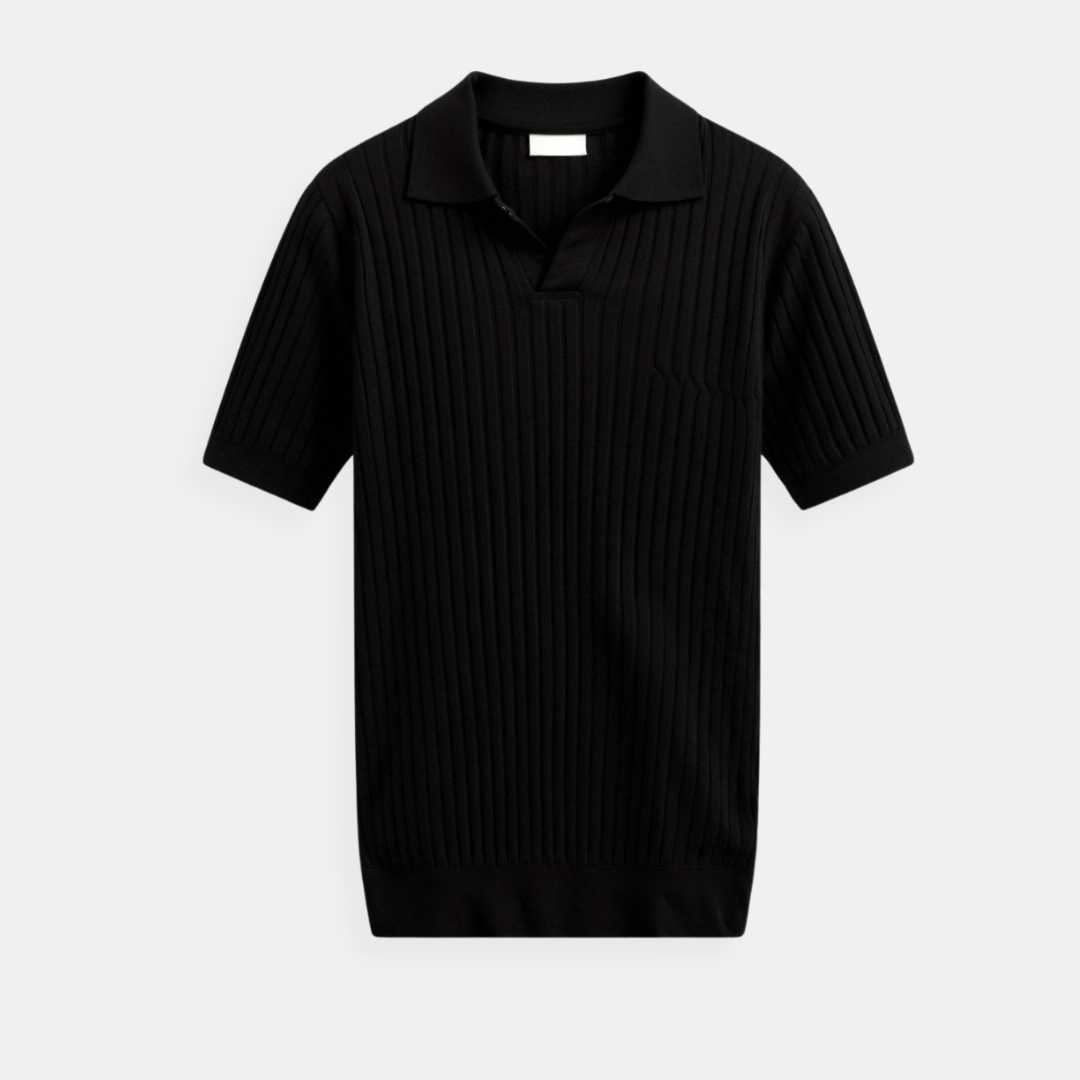 Men's black premium vertical knit polo showcasing a sleek linear texture and athletic silhouette.