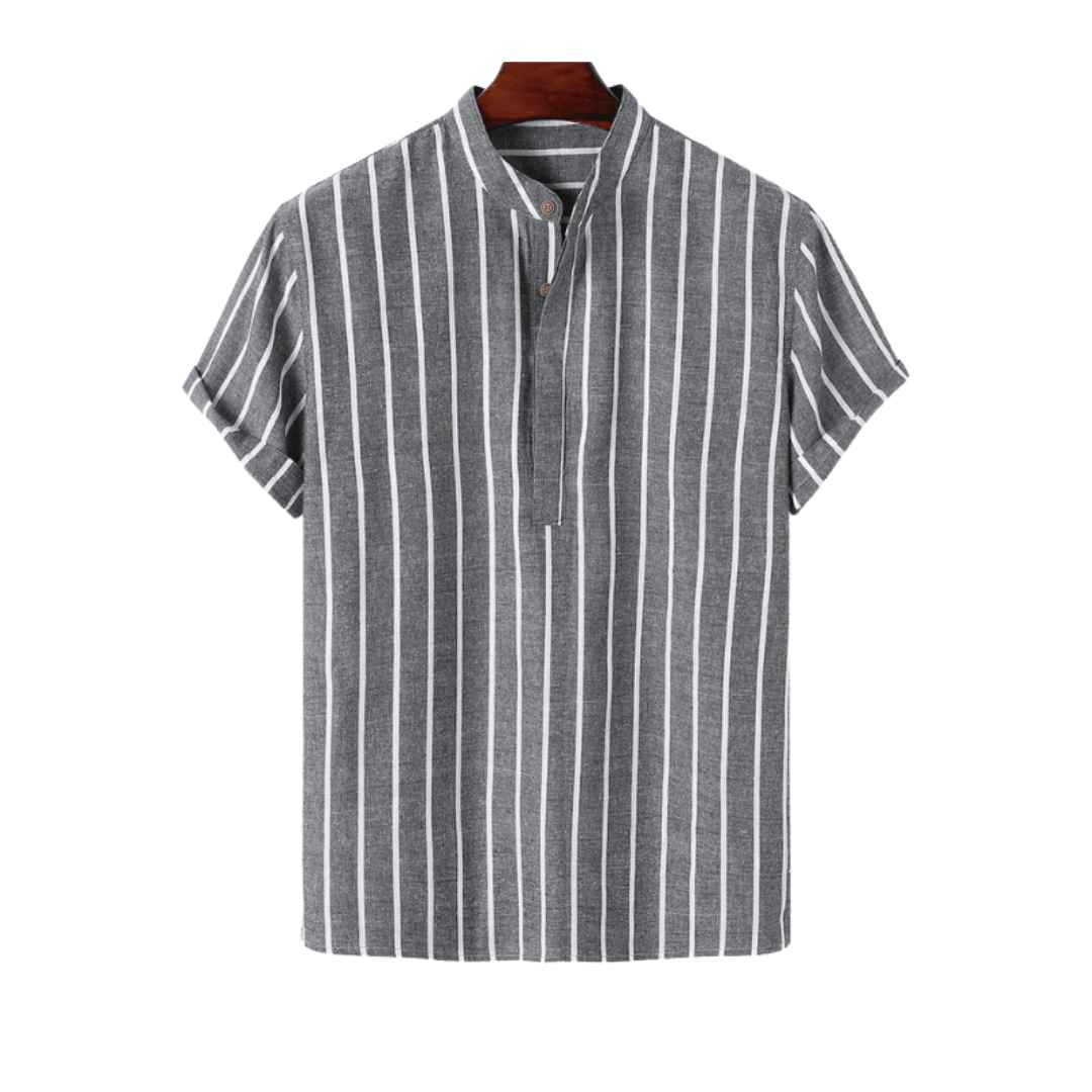 Men's gray and white vertical pinstripe shirt with a classic band collar and a partial button-down front placket.