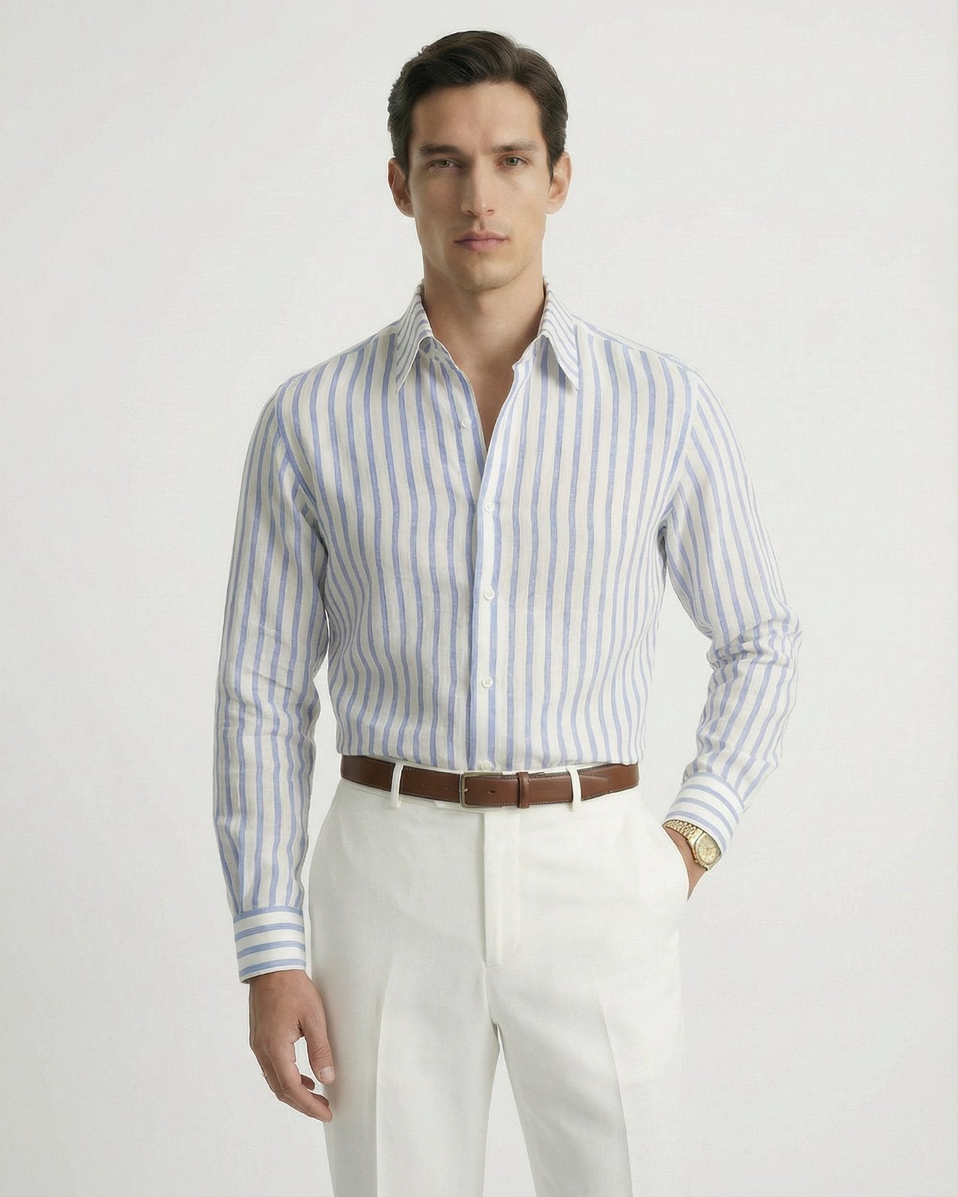 Classic blue striped premium linen shirt for men, showcasing a breathable open-weave and relaxed summer fit.