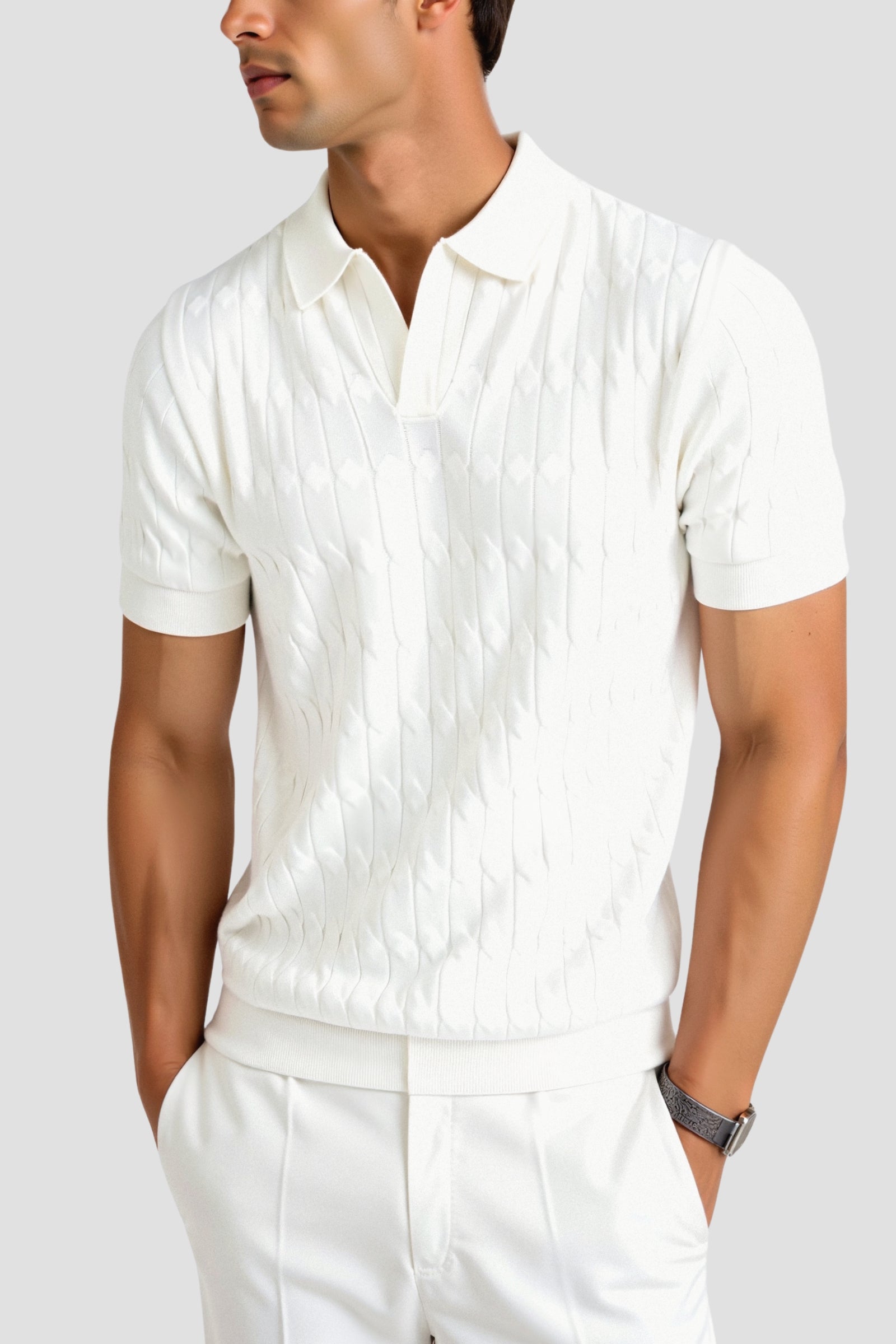 PREMIUM V - NECK CABLE KNIT POLO - LORMIER -