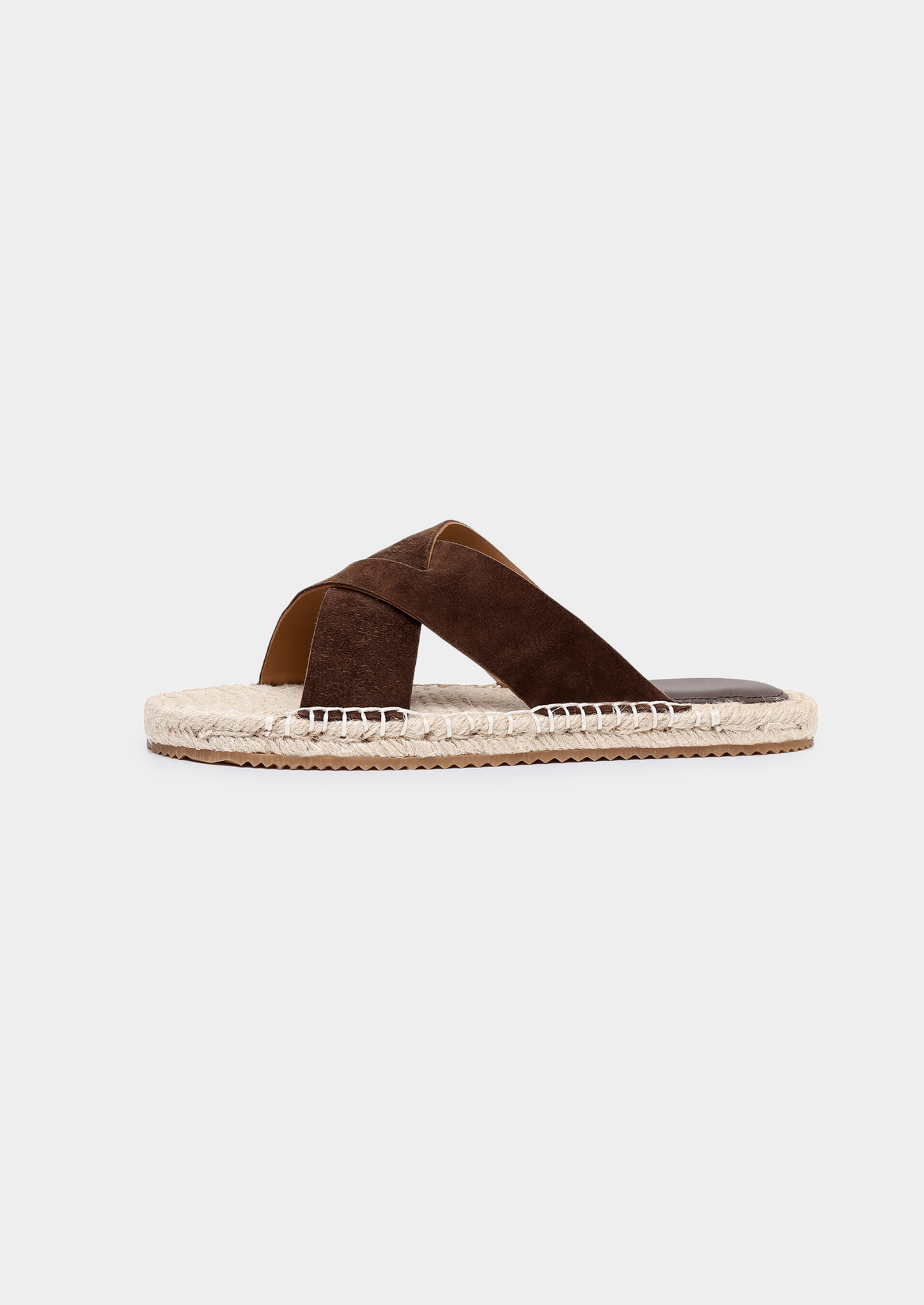 Classic brown suede sandals for men with durable rubber soles and artisanal jute detailing.