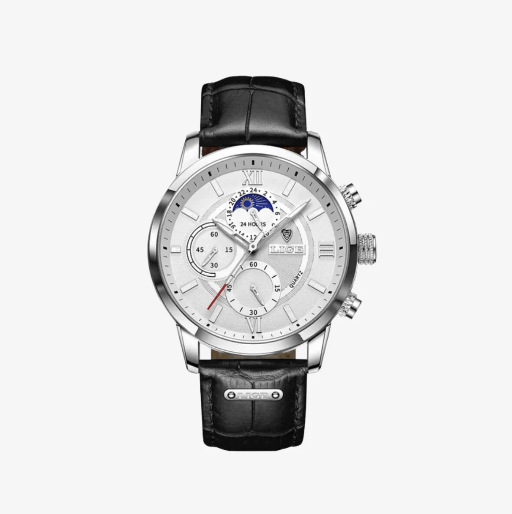 Watch with black leather strap and silver case on a white background