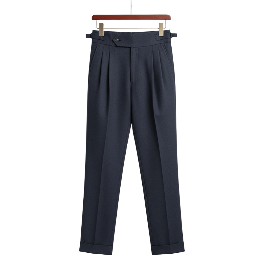 Sophisticated navy blue linen blend pants for men, showcasing a crisp straight-leg cut and comfortable, cool natural fibers.