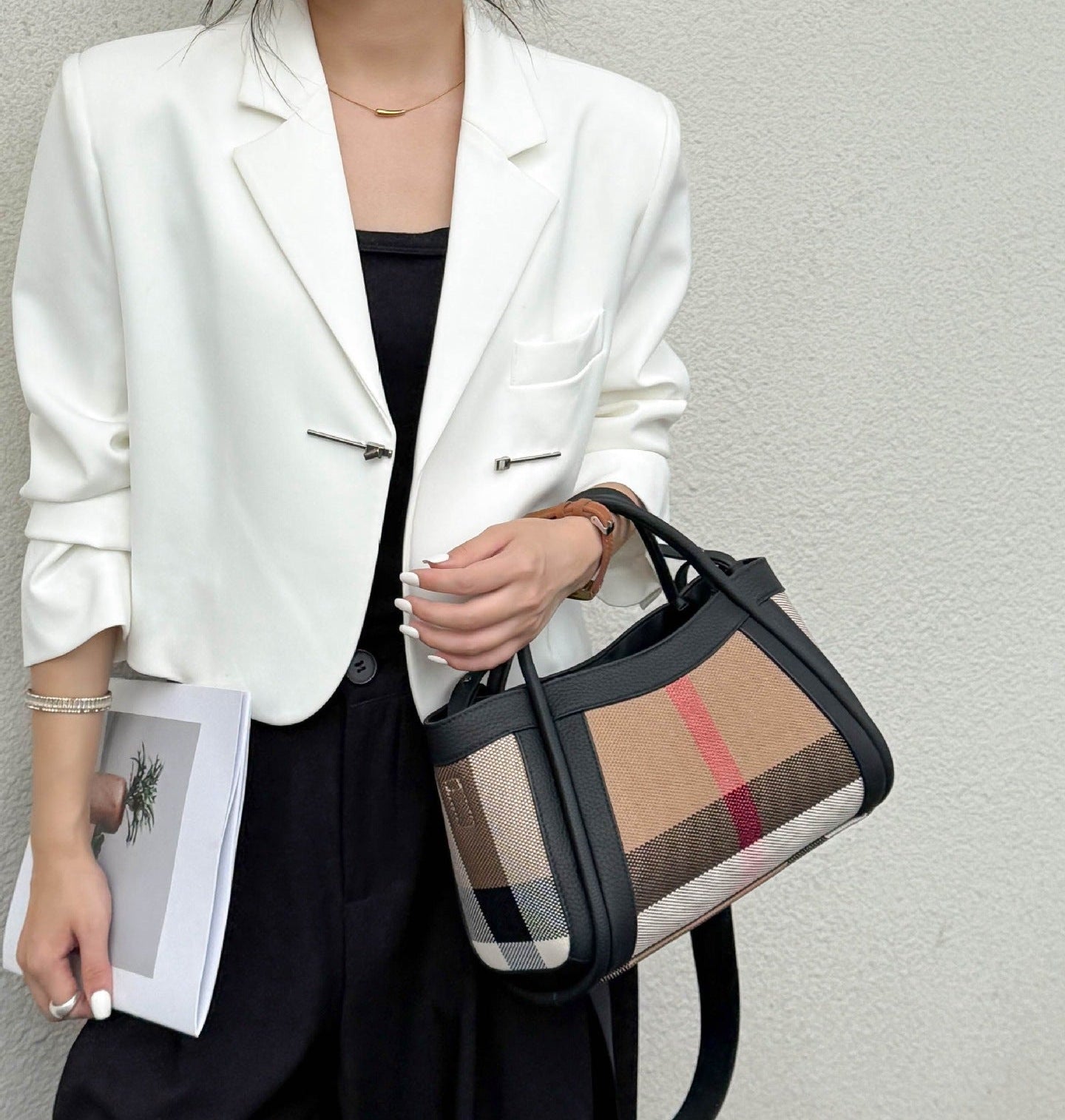 STRUCTURED CHECKERED CANVAS TOTE