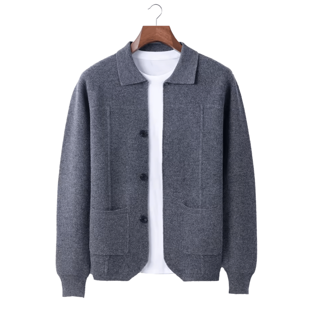 Gray cardigan on a hanger with a white shirt underneath