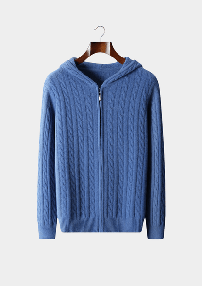 100% CASHMERE CABLE KNIT ZIPPER HOODIE - LORMIER - 