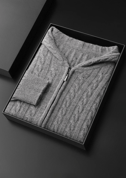 100% CASHMERE CABLE KNIT ZIPPER HOODIE - LORMIER - 