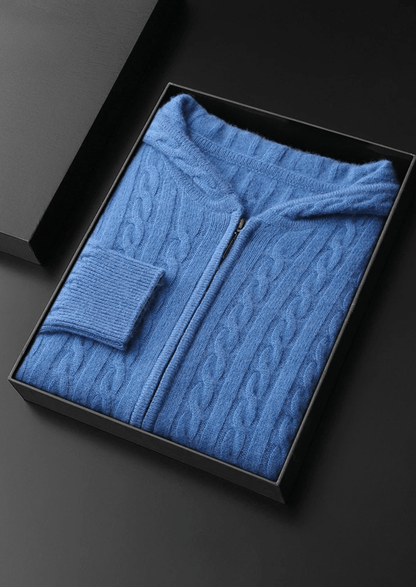 100% CASHMERE CABLE KNIT ZIPPER HOODIE - LORMIER - 