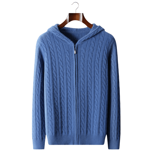 100% CASHMERE CABLE KNIT ZIPPER HOODIE - LORMIER - 
