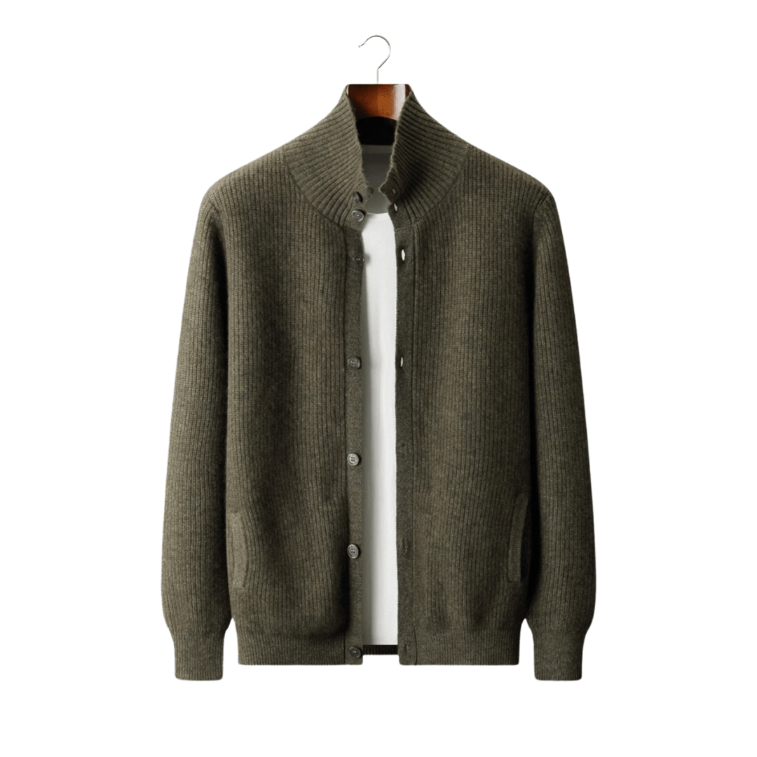 100% CASHMERE RIBBED HIGH COLLAR CARDIGAN - LORMIER - 