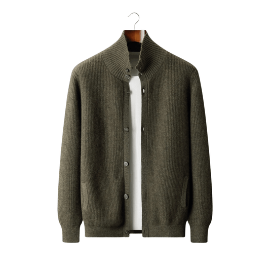 100% CASHMERE RIBBED HIGH COLLAR CARDIGAN - LORMIER - 