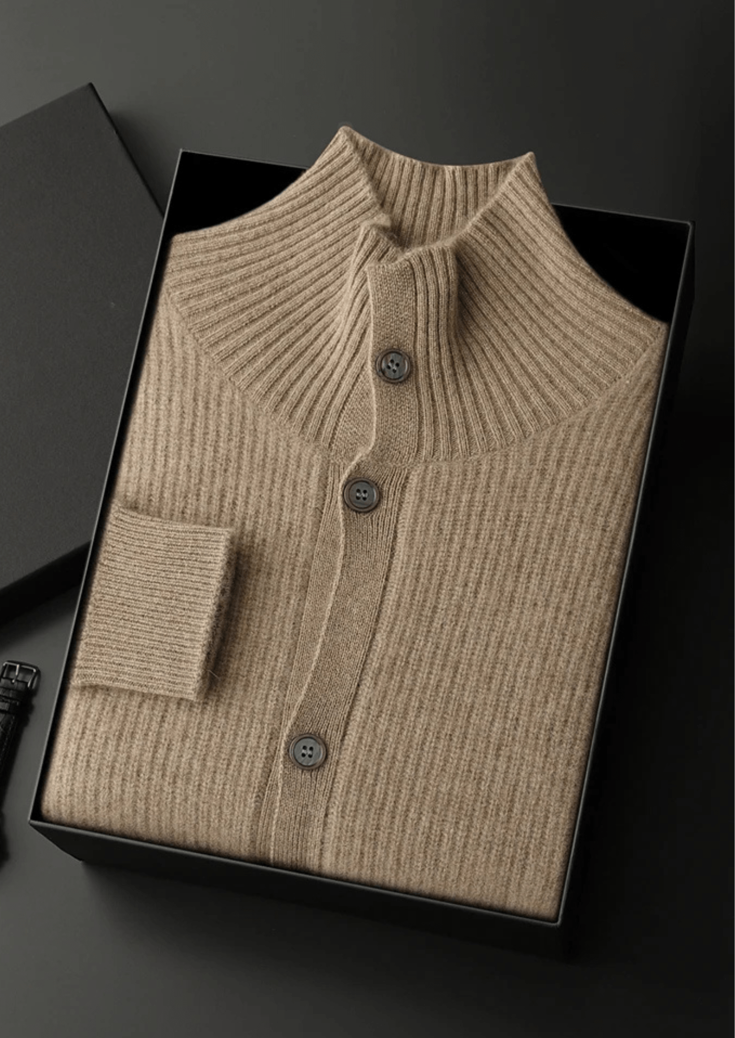 100% CASHMERE RIBBED HIGH COLLAR CARDIGAN - LORMIER - 