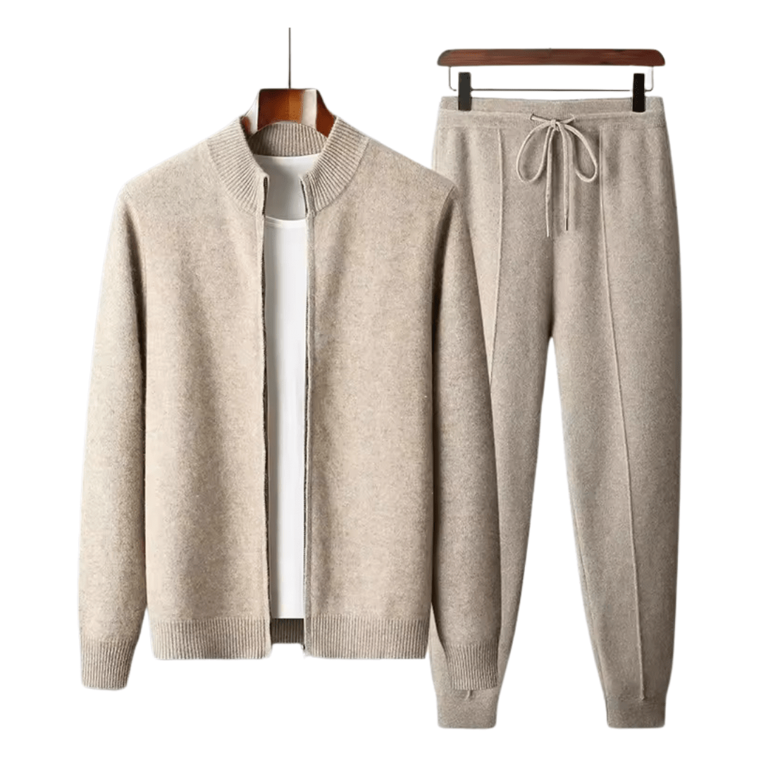 Men's beige 100% merino wool matching loungewear set featuring a full-zip ribbed collar cardigan and pintuck drawstring joggers.