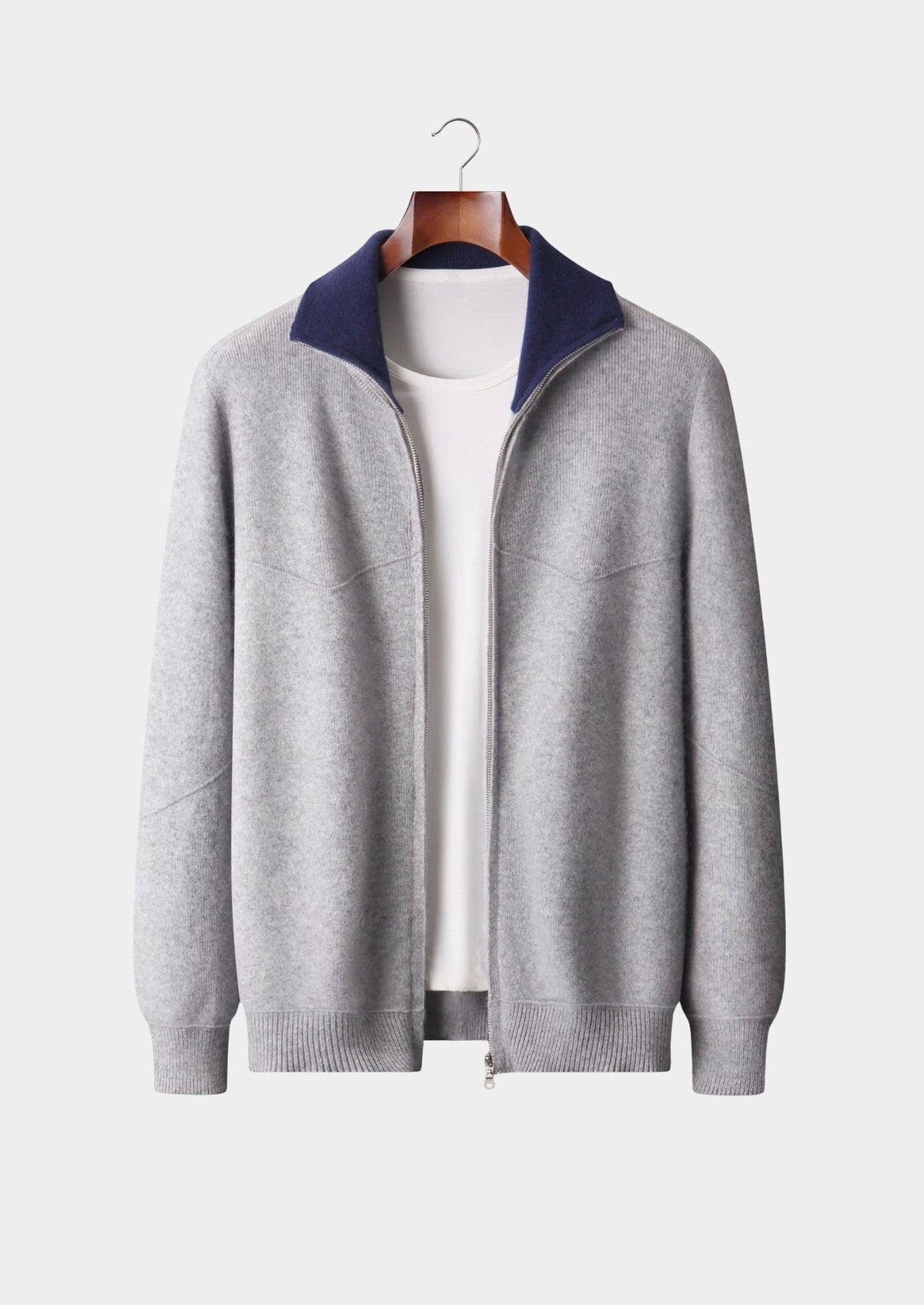 Pure Extra-Fine Merino Wool Two-Tone Funnel Neck Cardigan