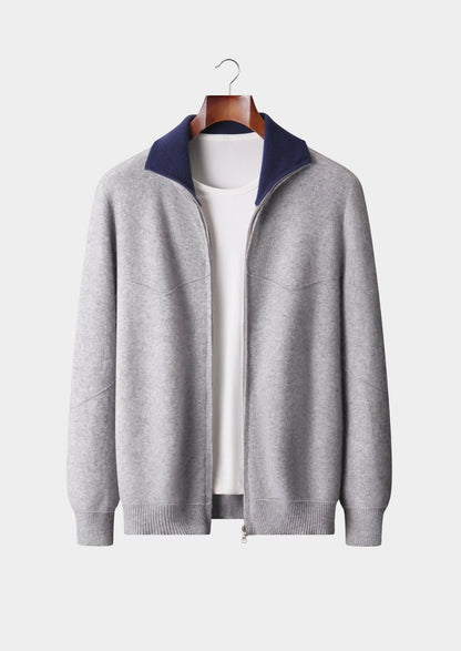 Pure Extra-Fine Merino Wool Two-Tone Funnel Neck Cardigan