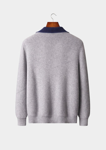 Pure Extra-Fine Merino Wool Two-Tone Funnel Neck Cardigan
