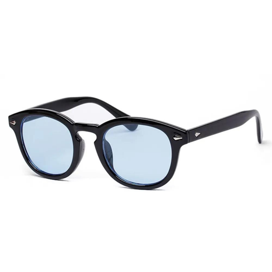 Black-framed sunglasses with blue lenses on a white background