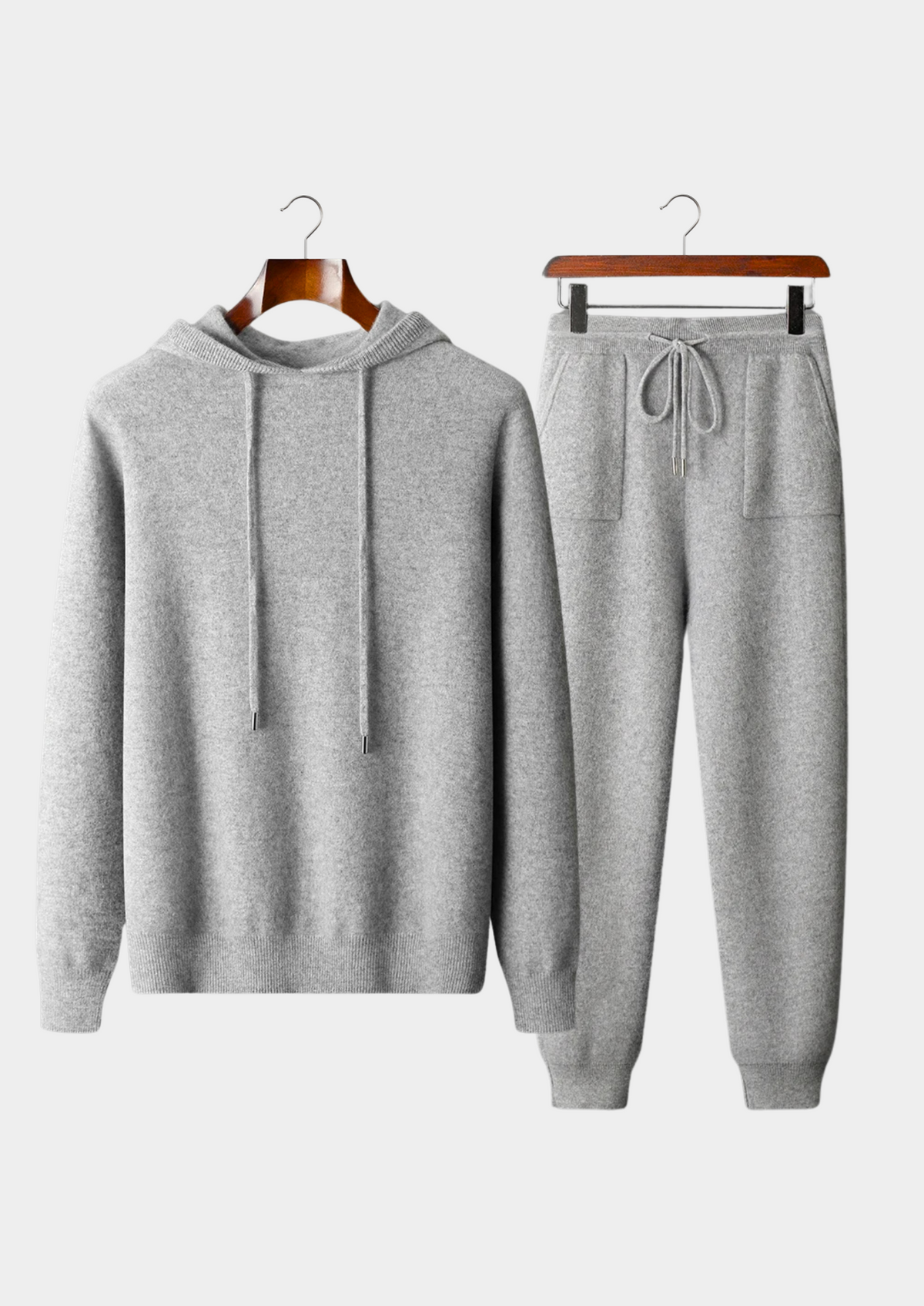 Light grey pure cashmere hooded sweater and patch pocket jogger pants set front view