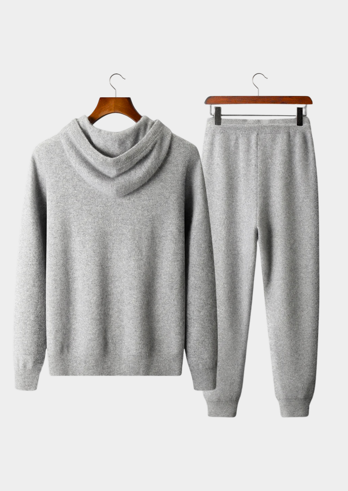 Light grey pure cashmere hooded sweater and patch pocket jogger pants set front view