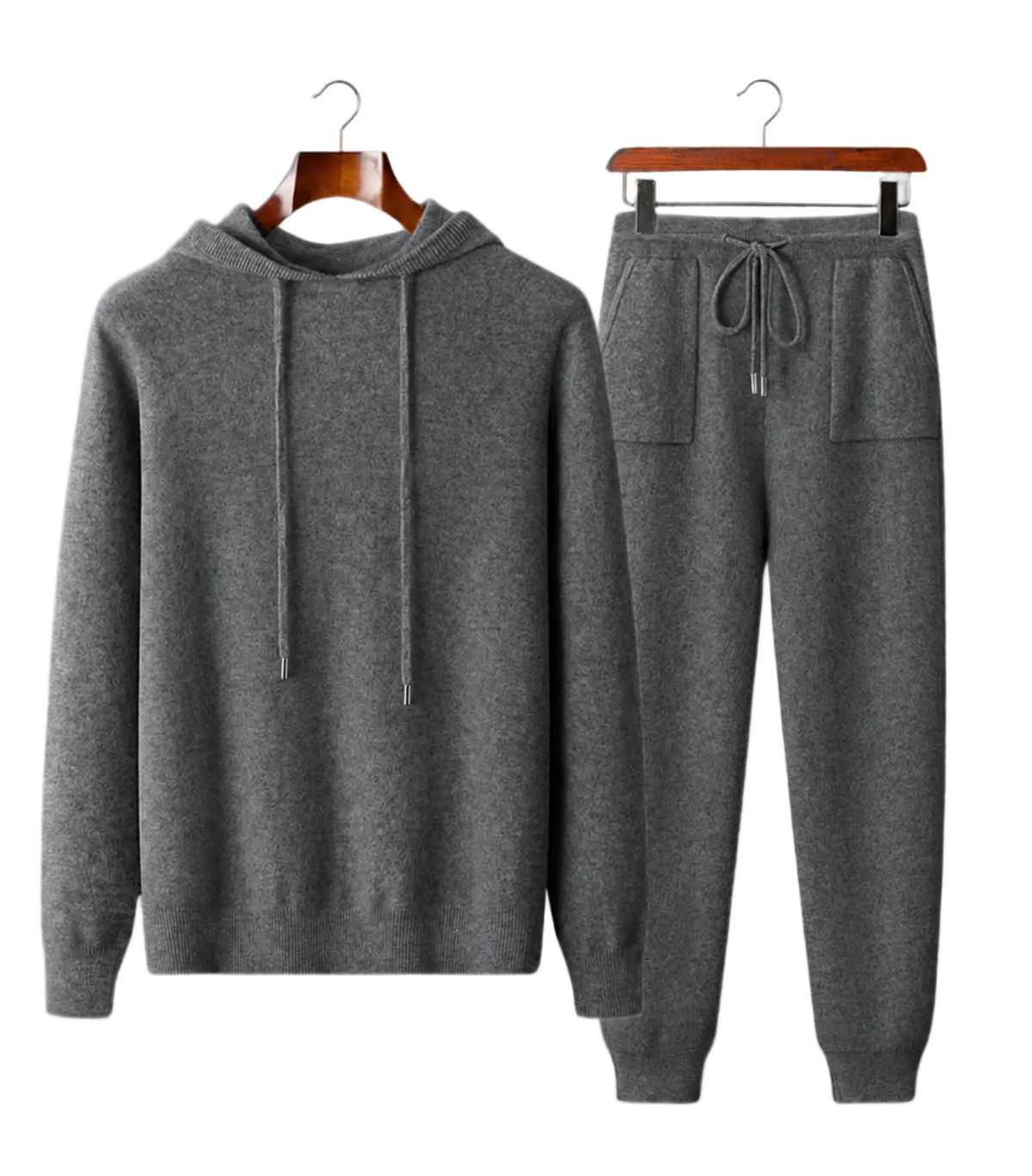 Dark grey 100% cashmere knit hoodie and matching cuffed drawstring joggers leisure set.
