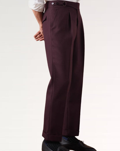 Men's burgundy red high-waisted non-iron business trousers with side buckle adjuster