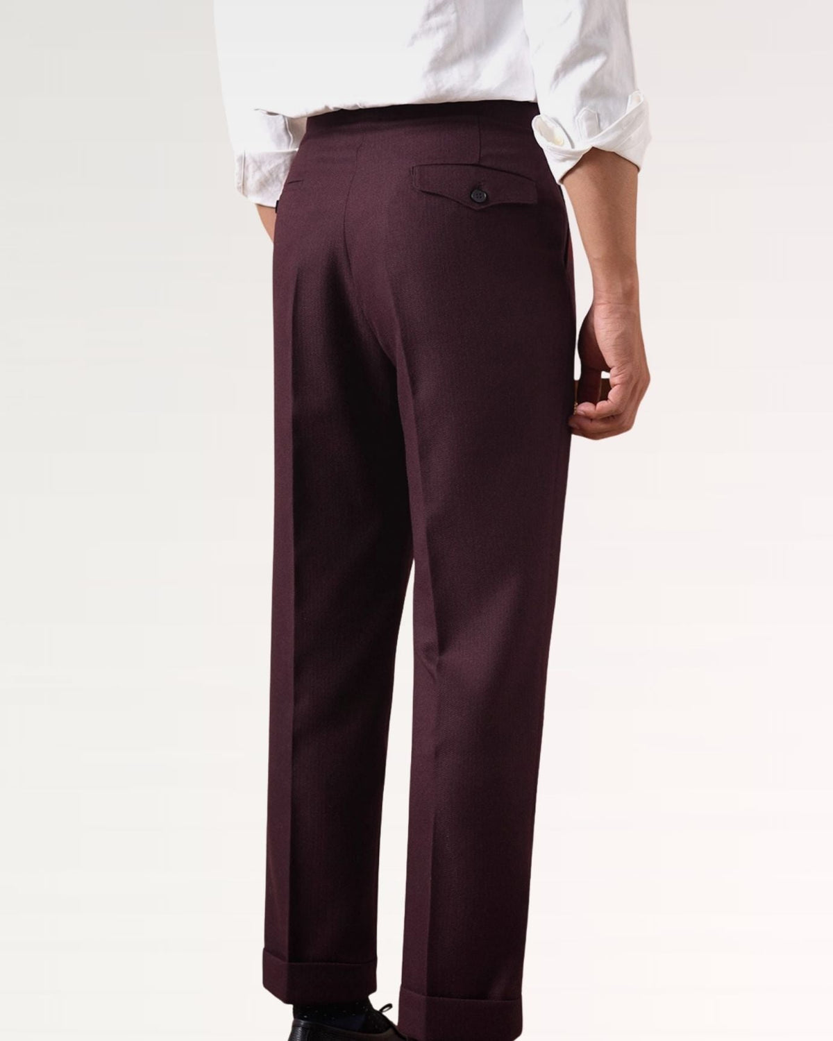 Men's burgundy red high-waisted non-iron business trousers with side buckle adjuster