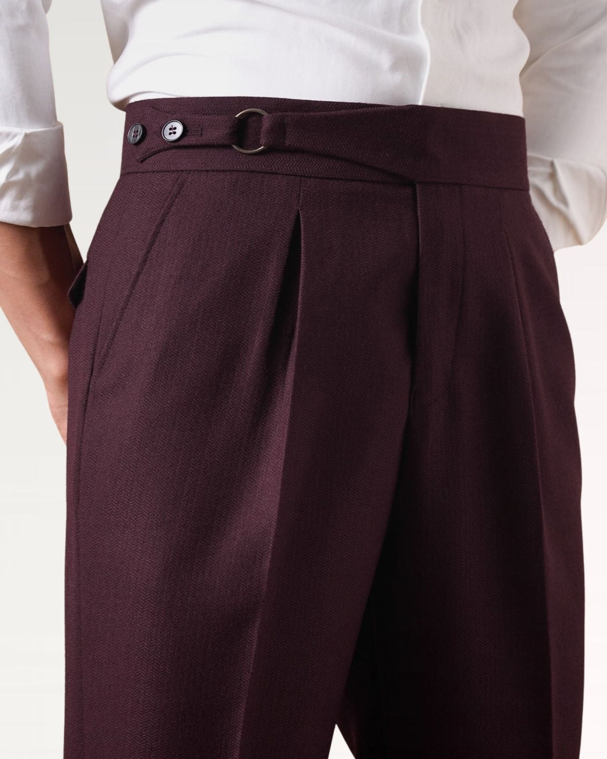 Men's burgundy red high-waisted non-iron business trousers with side buckle adjuster