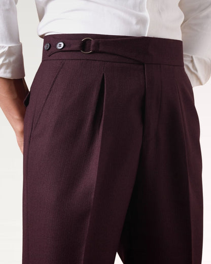 Men's burgundy red high-waisted non-iron business trousers with side buckle adjuster
