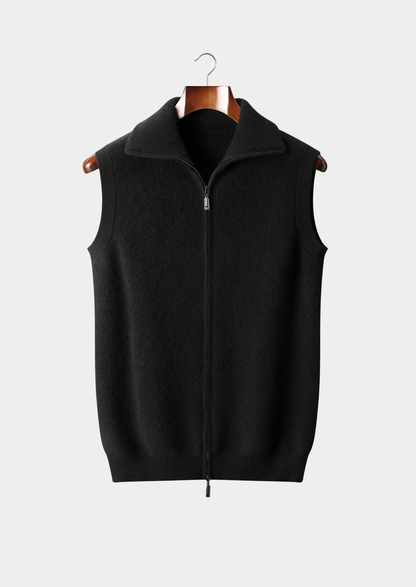 Sophisticated black cashmere zip-up vest for men, showcasing a premium fine-gauge knit and minimalist design.
