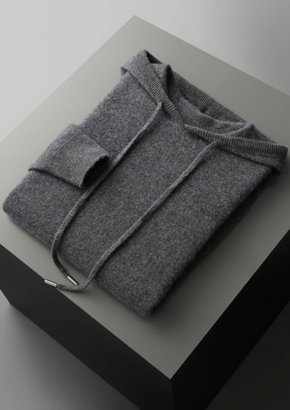 Dark grey 100% cashmere knit hoodie and matching cuffed drawstring joggers leisure set.