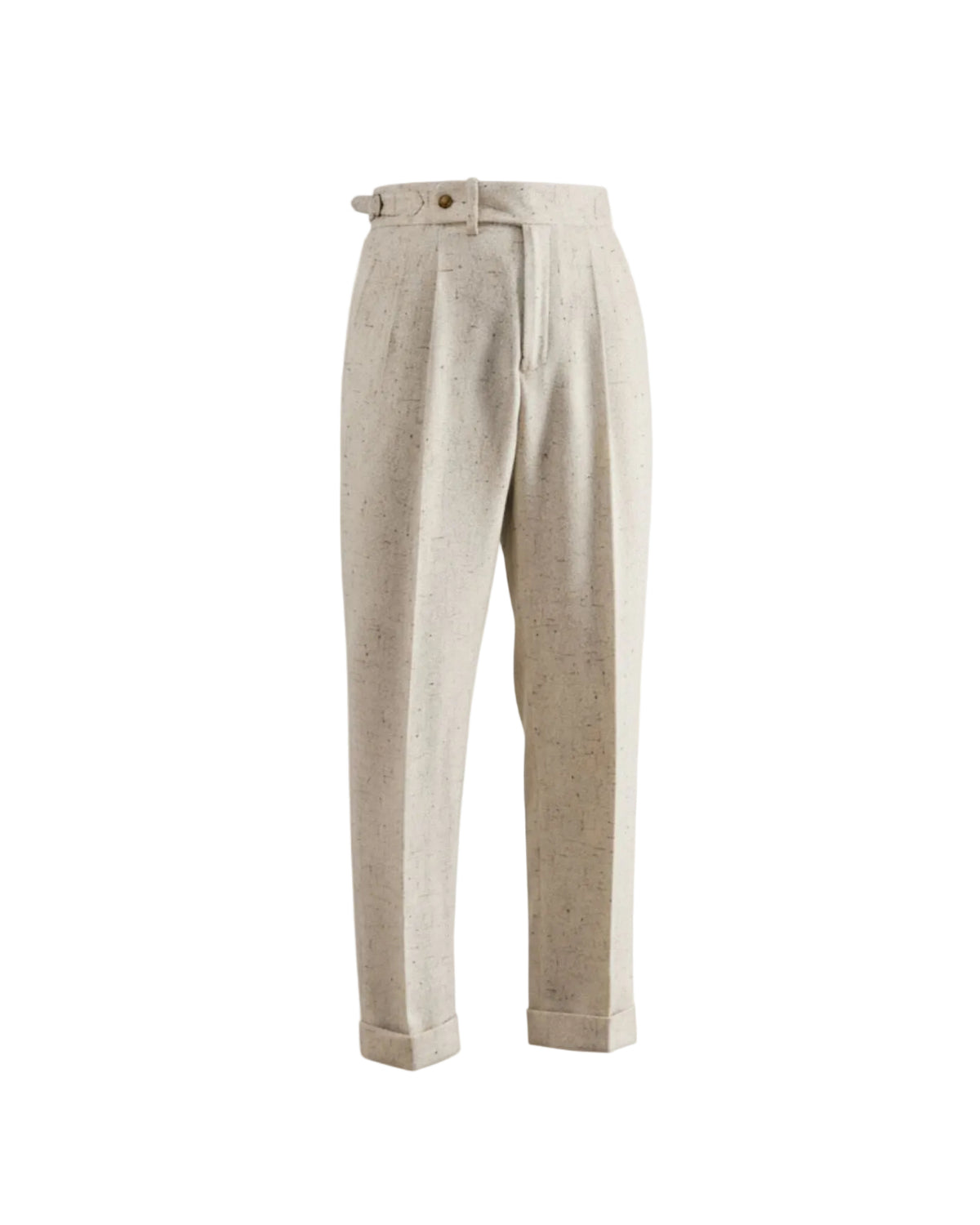 Off-white pleated linen-cotton trousers with side adjuster buckles and cuffed hem front view