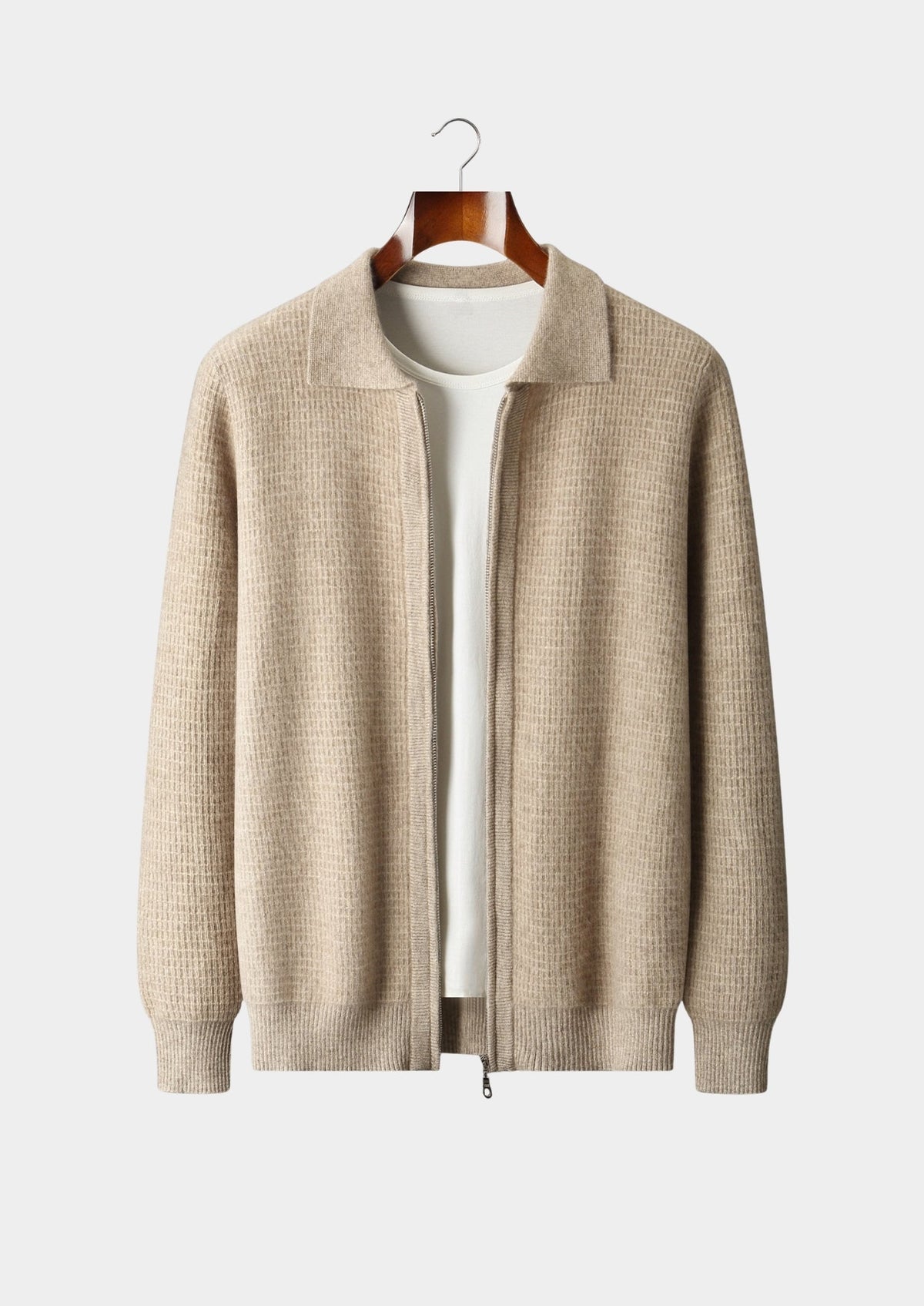 Pure Extra-Fine Merino Wool Textured Zip Polo Cardigan