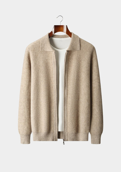 Pure Extra-Fine Merino Wool Textured Zip Polo Cardigan