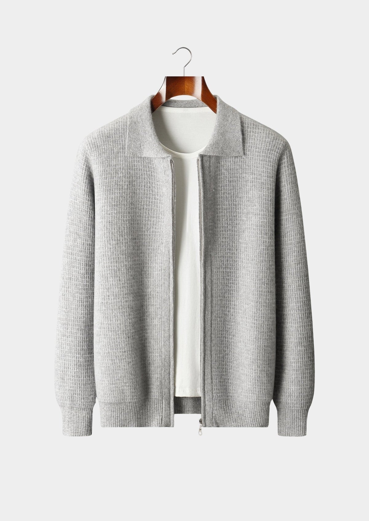 Pure Extra-Fine Merino Wool Textured Zip Polo Cardigan