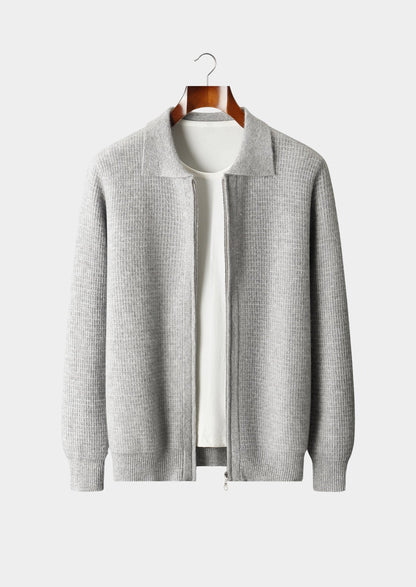Pure Extra-Fine Merino Wool Textured Zip Polo Cardigan