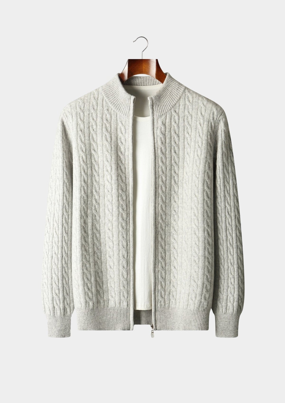 Pure Extra-Fine Merino Wool Cable Knit Zip Cardigan