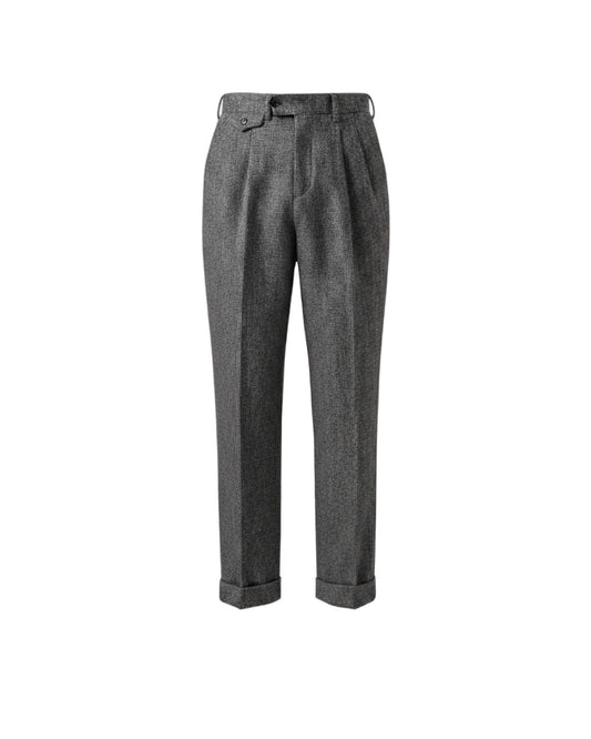 Men's grey houndstooth merino wool double pleated trousers