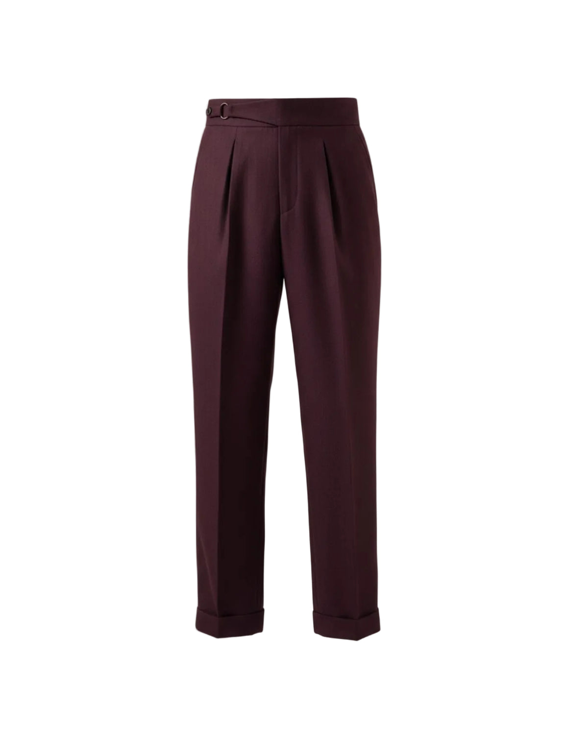 Men's burgundy red high-waisted non-iron business trousers with side buckle adjuster