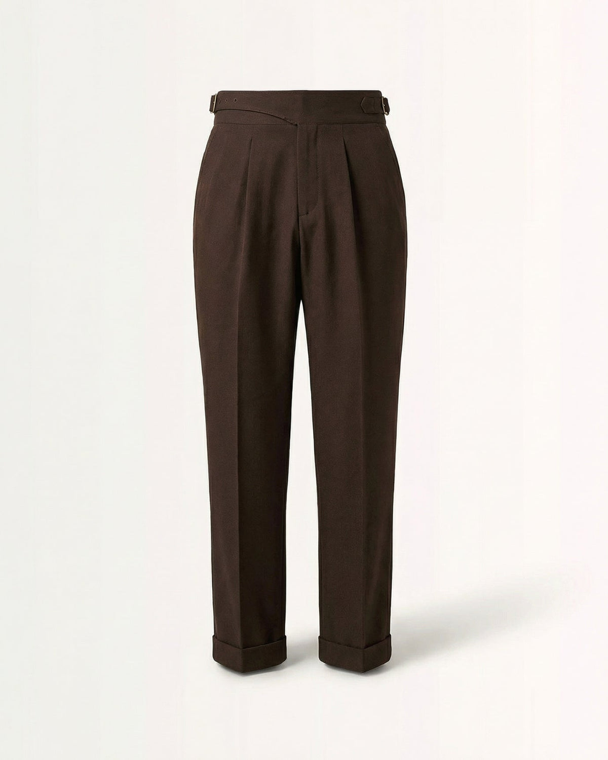 Men's brown gurkha waistband double pleated cotton trousers