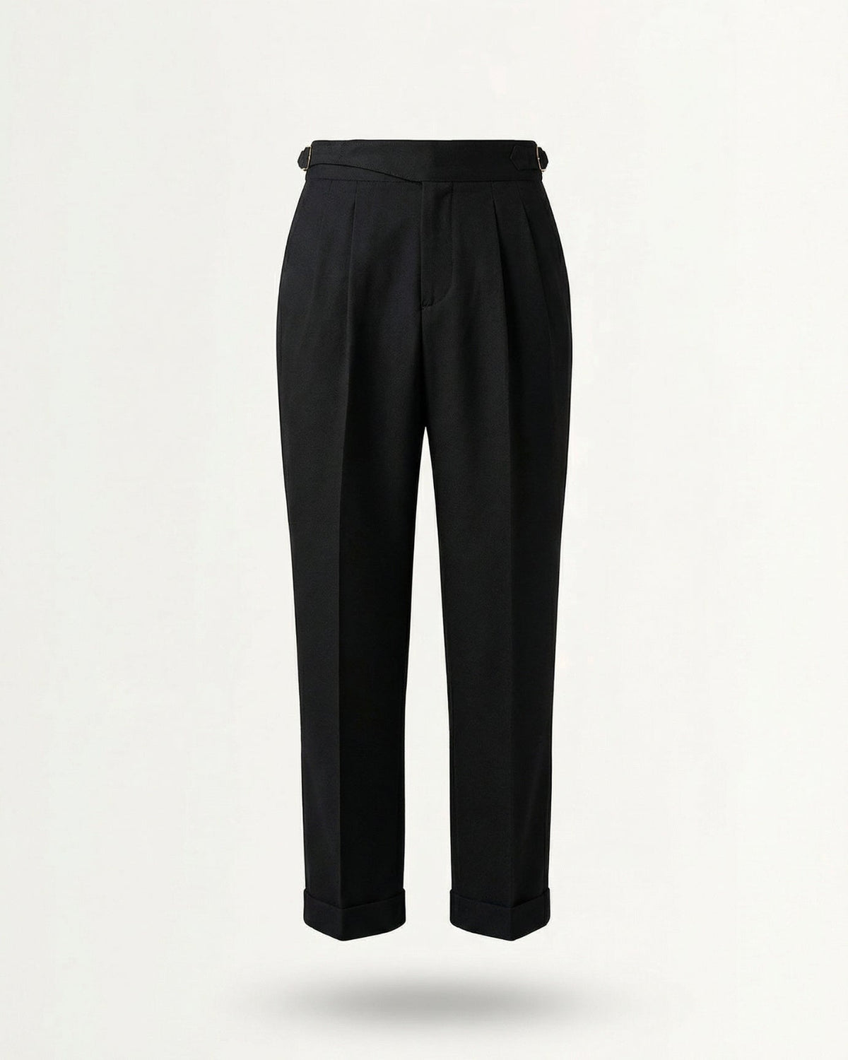 Men's black gurkha waistband double pleated cotton trousers