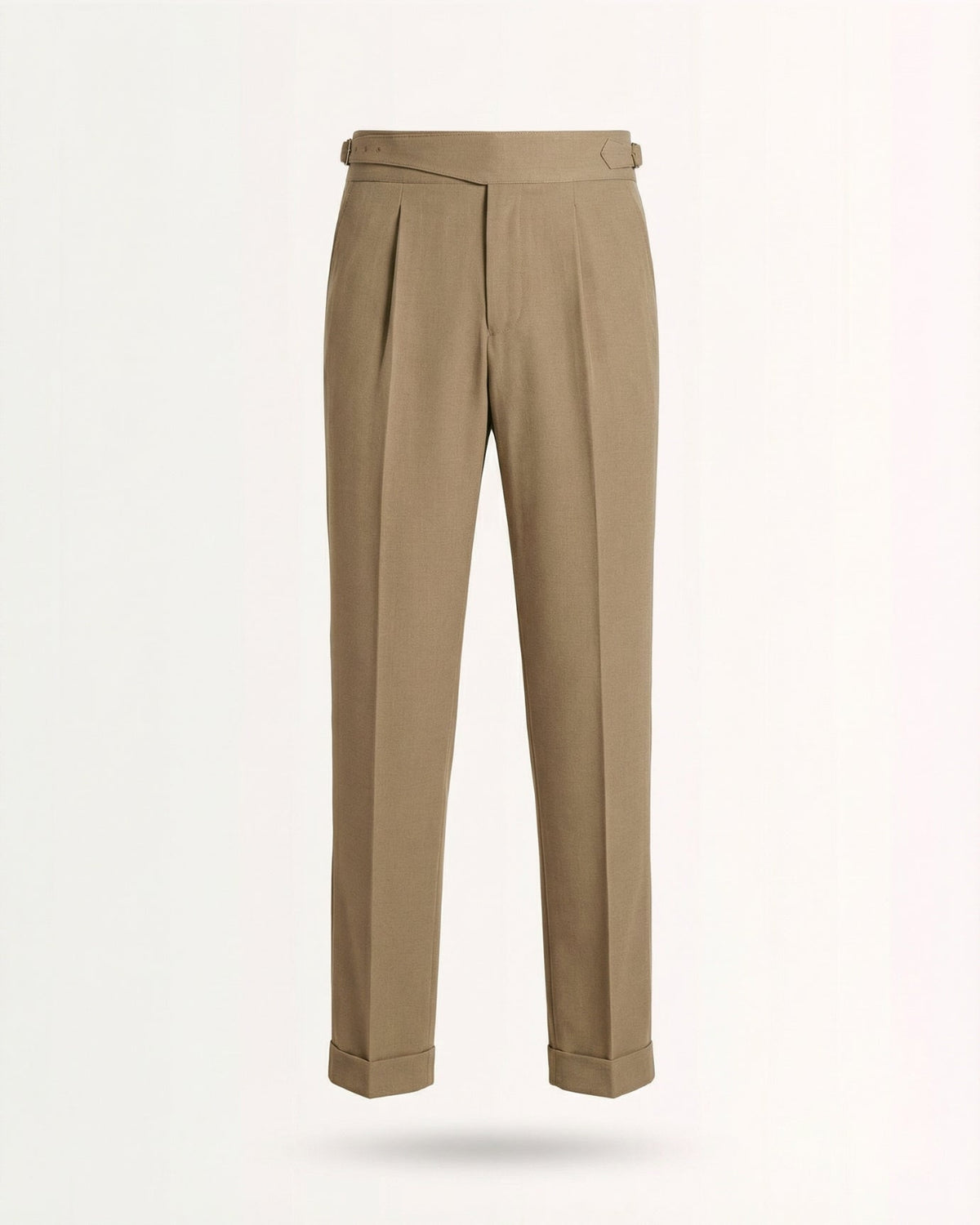 Men's camel gurkha waistband double pleated cotton trousers
