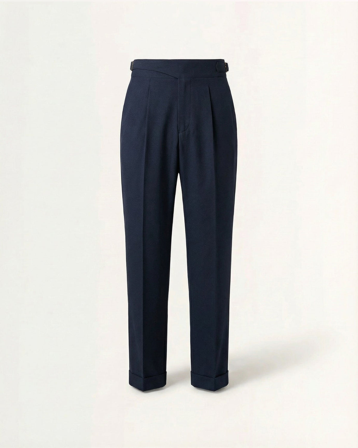 Men's navy blue gurkha waistband double pleated cotton trousers